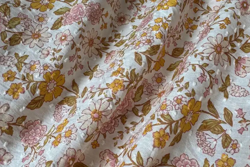 Swiss dot fabric with floral print – top quality fabric from swiss dot fabric manufacturers.