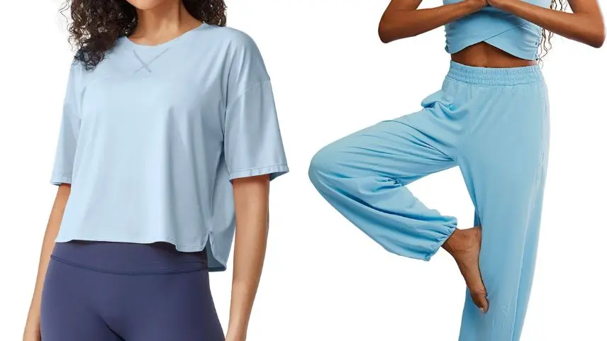 Athleisure yoga tops and jogger pants made from comfortable cotton spandex jersey fabric.