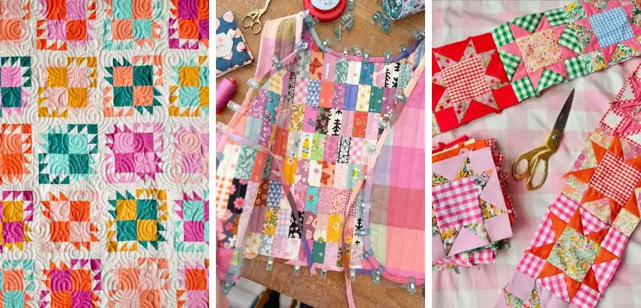 A variety of creative items made with quilting cotton, including a colorful patchwork quilt, a quilted apparel vest, and handmade textile accessories.